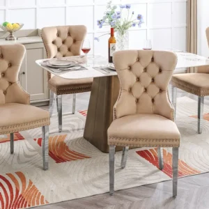 Set van 4 fluwelen eetkamerstoelen - massief houten poten - rugleuning ruitpatroon - bruin Merax