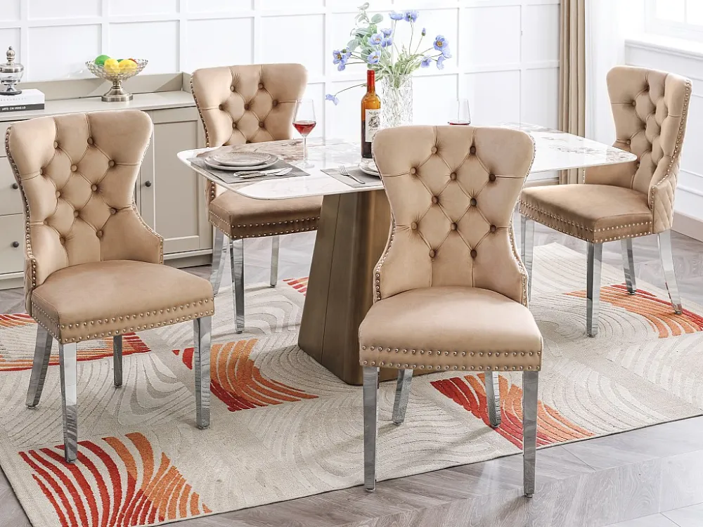 Set van 4 fluwelen eetkamerstoelen - massief houten poten - rugleuning ruitpatroon - bruin Merax