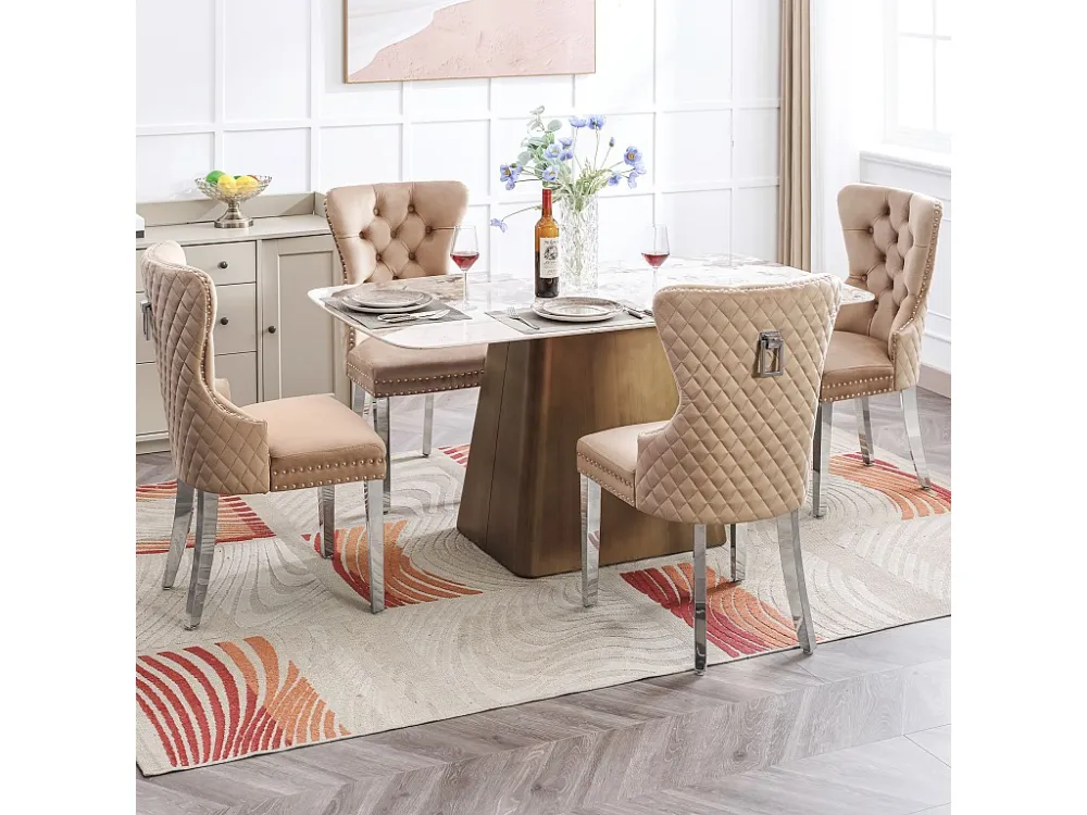 Set van 4 fluwelen eetkamerstoelen - massief houten poten - rugleuning ruitpatroon - bruin Merax