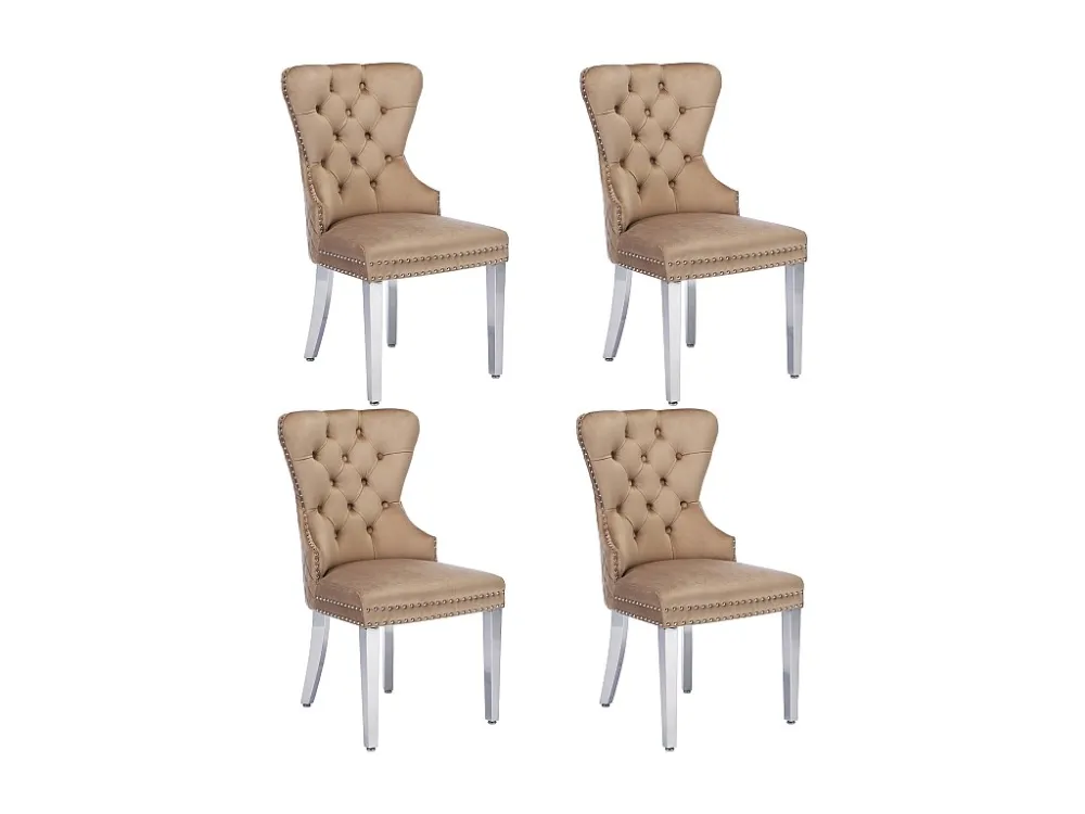 Set van 4 fluwelen eetkamerstoelen - massief houten poten - rugleuning ruitpatroon - bruin Merax