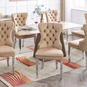 Set van 6 fluwelen eetkamerstoelen - massief houten poten - rugleuning ruitpatroon - bruin Merax