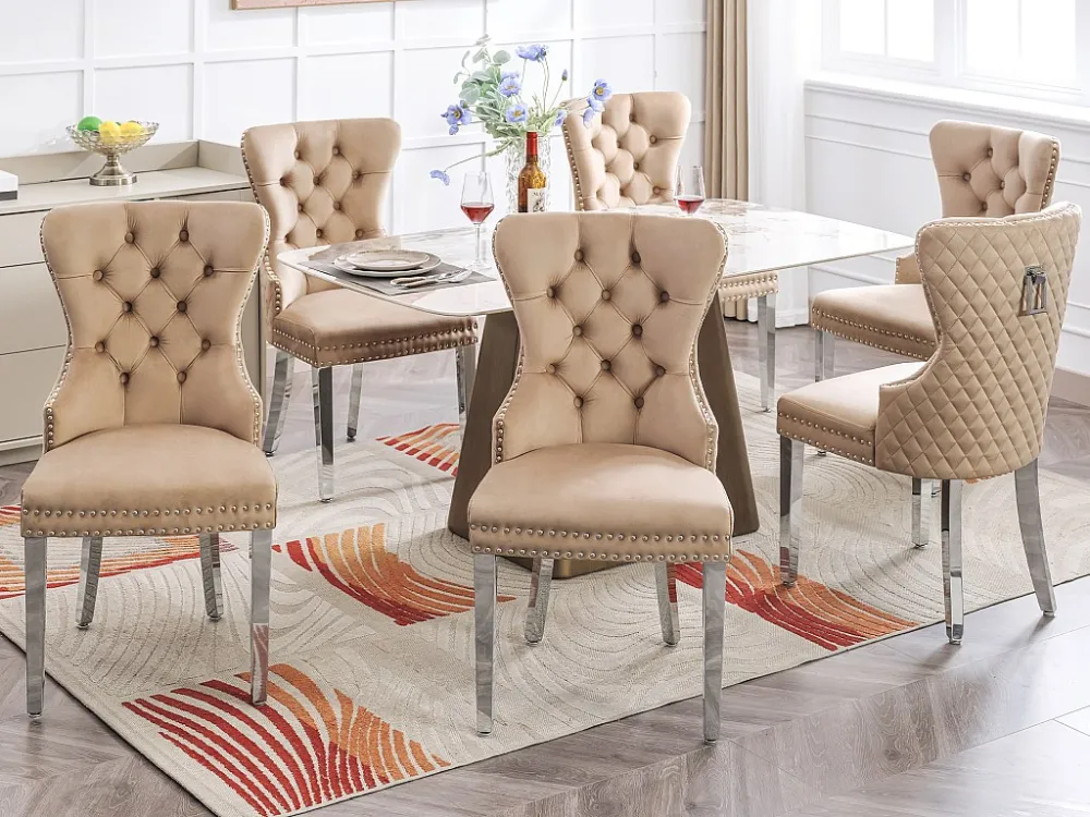 Set van 6 fluwelen eetkamerstoelen - massief houten poten - rugleuning ruitpatroon - bruin Merax