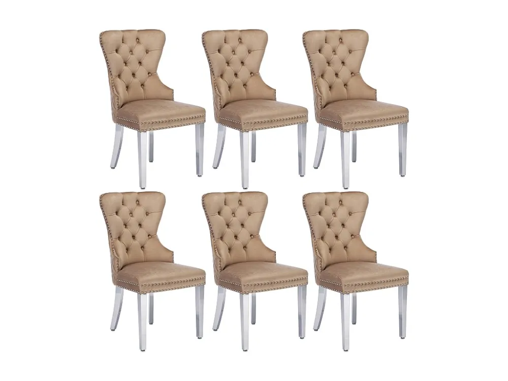 Set van 6 fluwelen eetkamerstoelen - massief houten poten - rugleuning ruitpatroon - bruin Merax