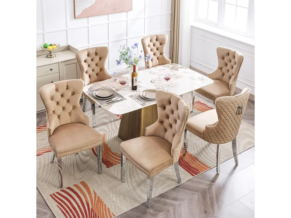 Set van 6 fluwelen eetkamerstoelen - massief houten poten - rugleuning ruitpatroon - bruin Merax