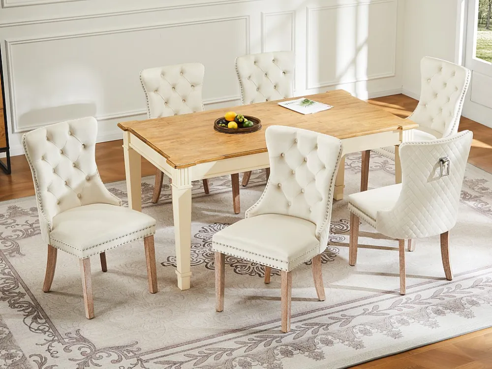 Set van 6 fluwelen eetkamerstoelen - massief houten poten - rugleuning ruitpatroon - beige Merax