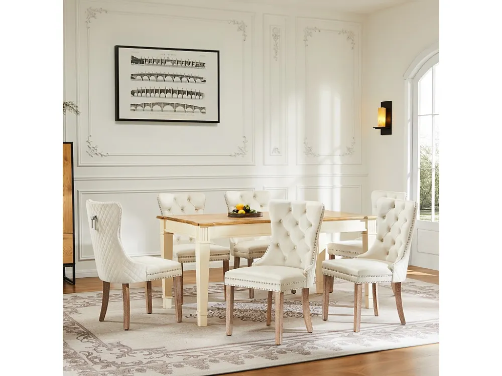 Set van 6 fluwelen eetkamerstoelen - massief houten poten - rugleuning ruitpatroon - beige Merax