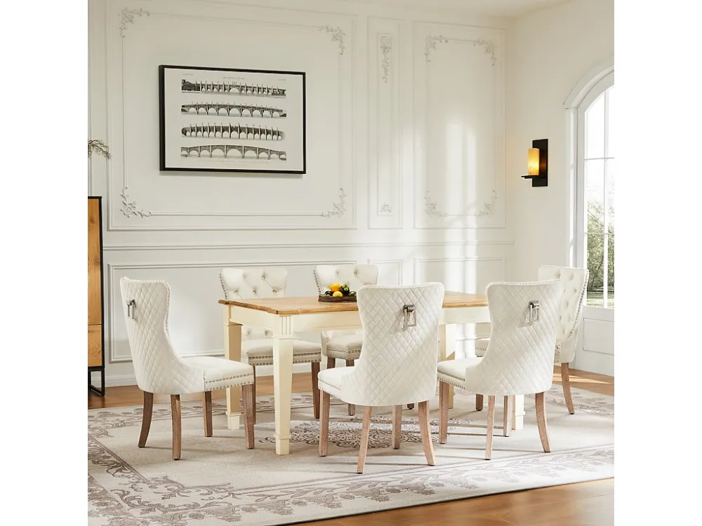 Set van 6 fluwelen eetkamerstoelen - massief houten poten - rugleuning ruitpatroon - beige Merax