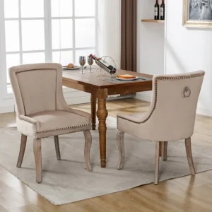 Set van 2 luxe eetkamerstoelen - fluweel en massief hout - klinknageldecoratie - beige Merax