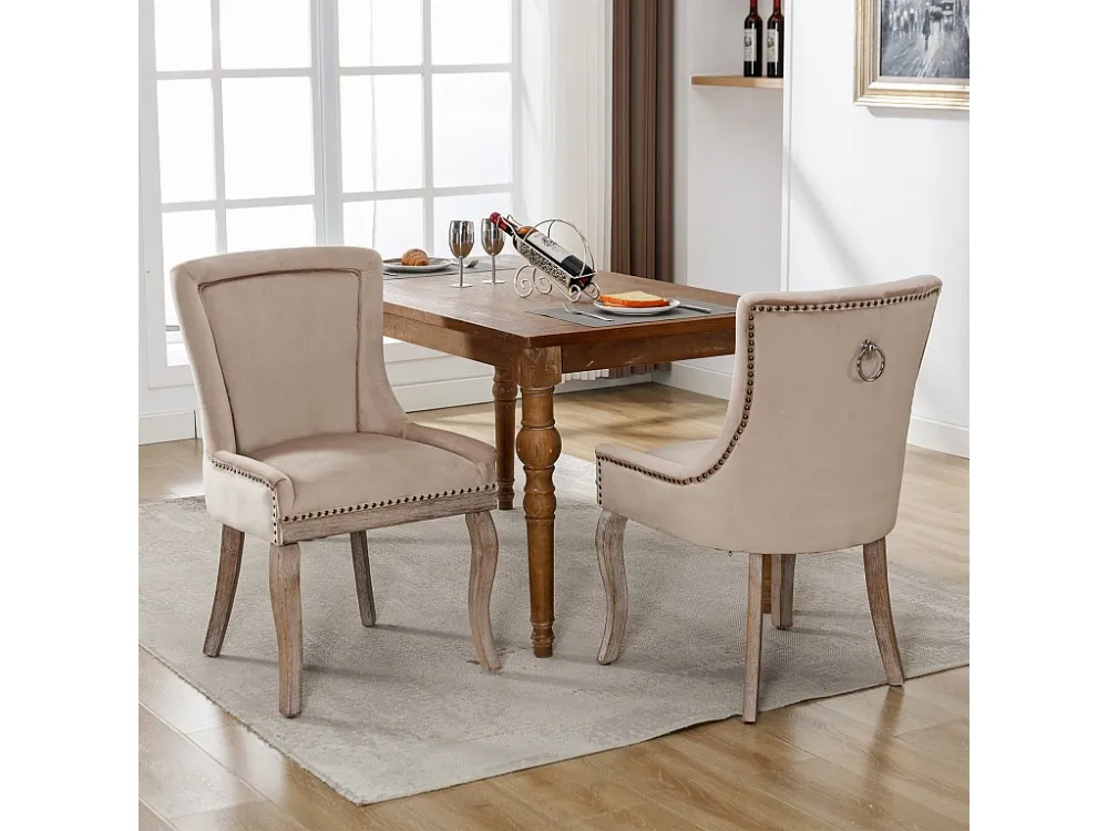Set van 2 luxe eetkamerstoelen - fluweel en massief hout - klinknageldecoratie - beige Merax