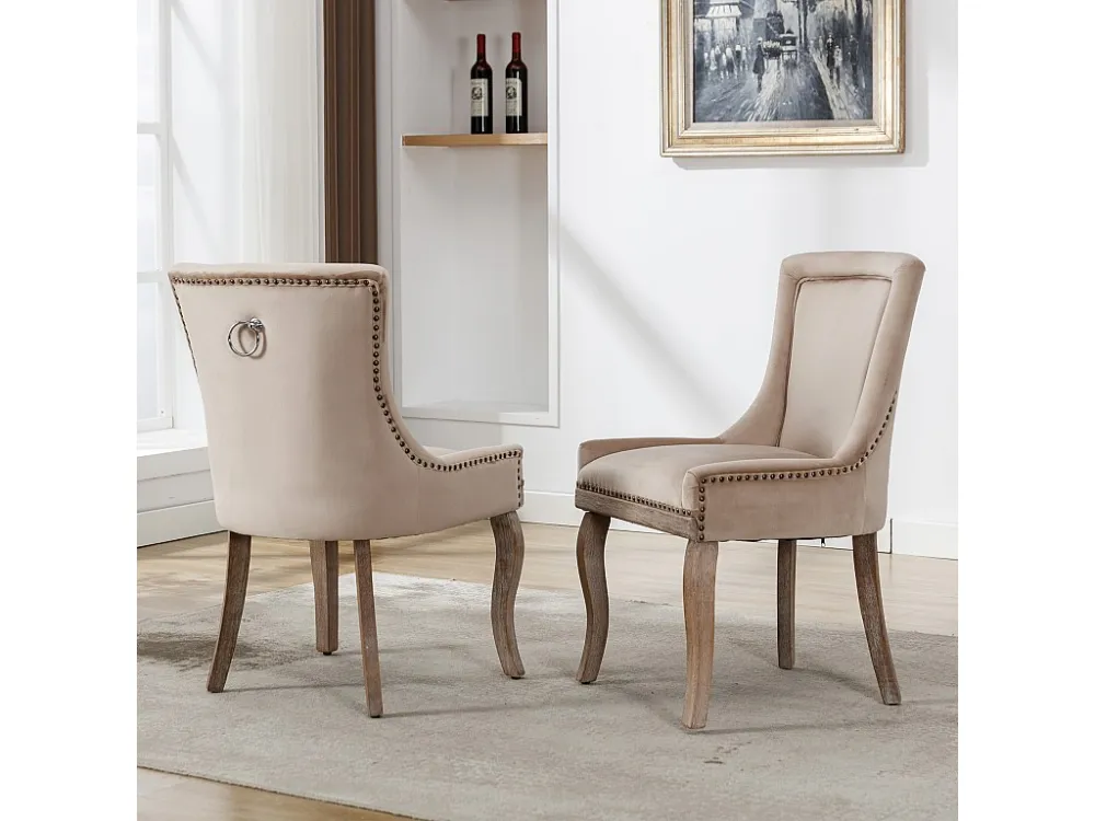 Set van 2 luxe eetkamerstoelen - fluweel en massief hout - klinknageldecoratie - beige Merax