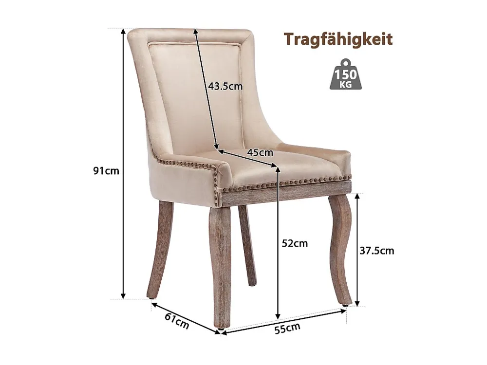 Set van 2 luxe eetkamerstoelen - fluweel en massief hout - klinknageldecoratie - beige Merax
