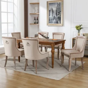 Set van 6 luxe eetkamerstoelen, fluweel en massief hout, klinknageldecoratie, beige Merax