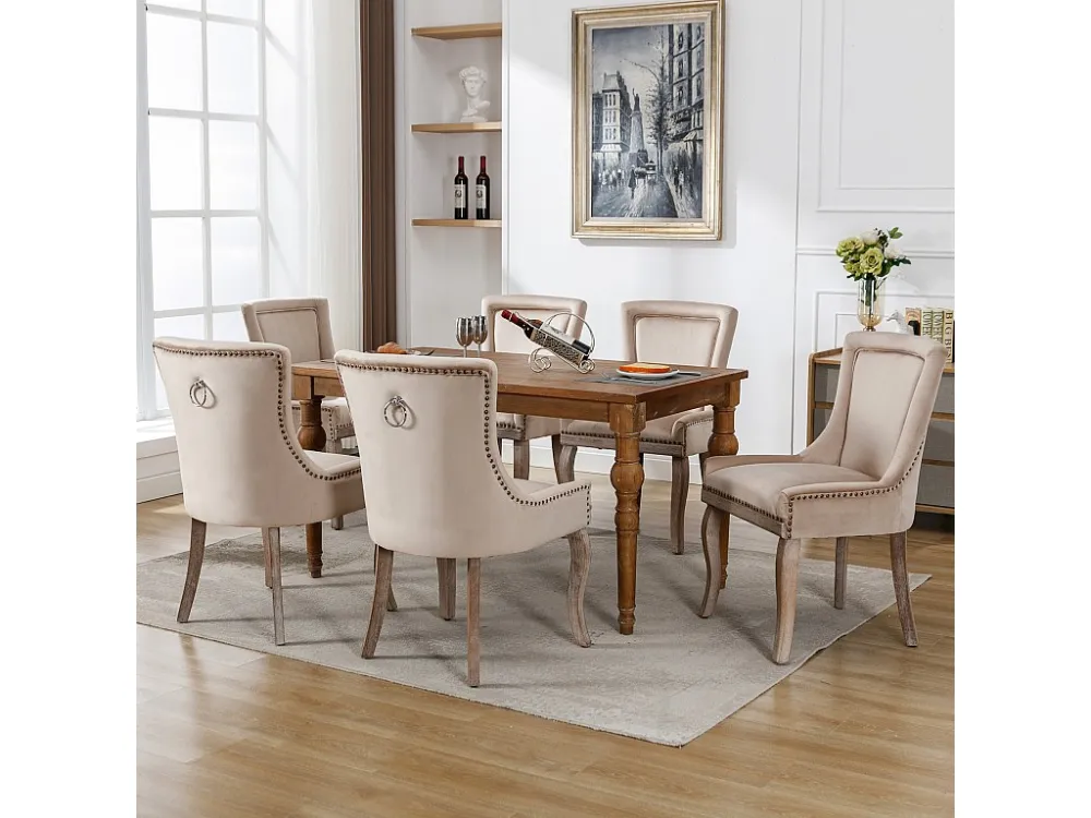 Set van 6 luxe eetkamerstoelen, fluweel en massief hout, klinknageldecoratie, beige Merax
