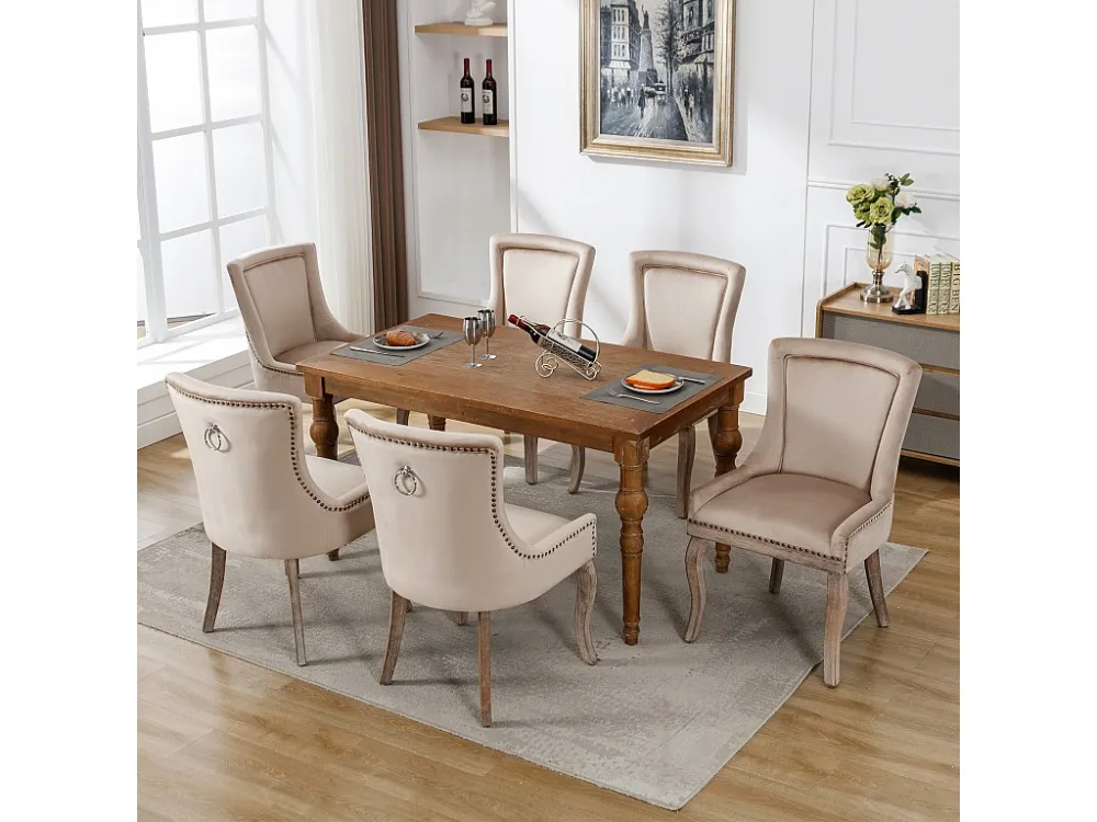 Set van 6 luxe eetkamerstoelen, fluweel en massief hout, klinknageldecoratie, beige Merax