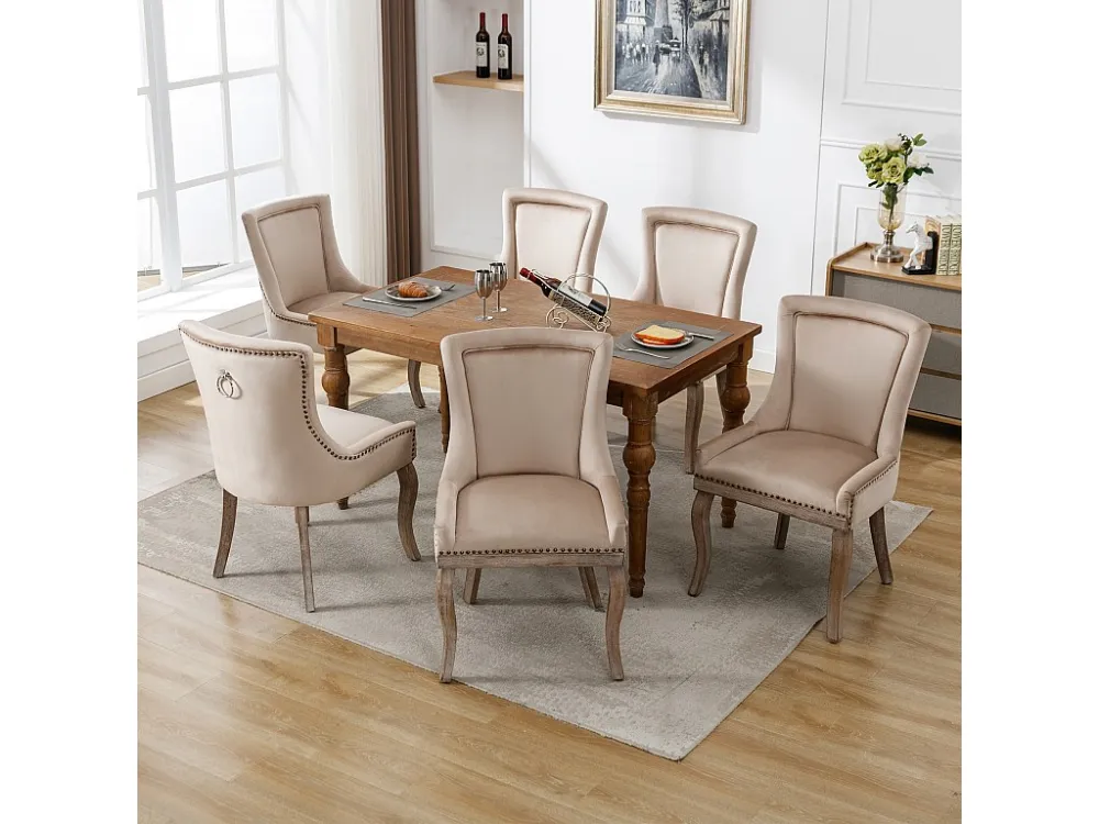 Set van 6 luxe eetkamerstoelen, fluweel en massief hout, klinknageldecoratie, beige Merax