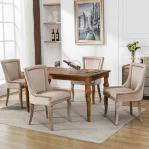 Set van 4 luxe eetkamerstoelen - fluweel en massief hout - klinknageldecoratie - beige Merax