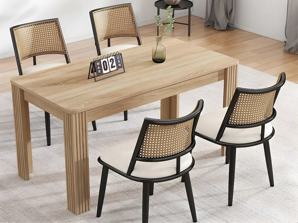 Set van 4 eetkamerstoelen met kunstleer kussen en PE rotan rugleuning - Zwart ModernLuxe