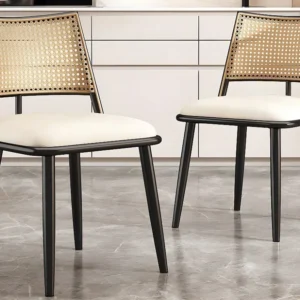 Set van 2 eetkamerstoelen met kunstleer kussen en PE rotan rugleuning - Zwart ModernLuxe