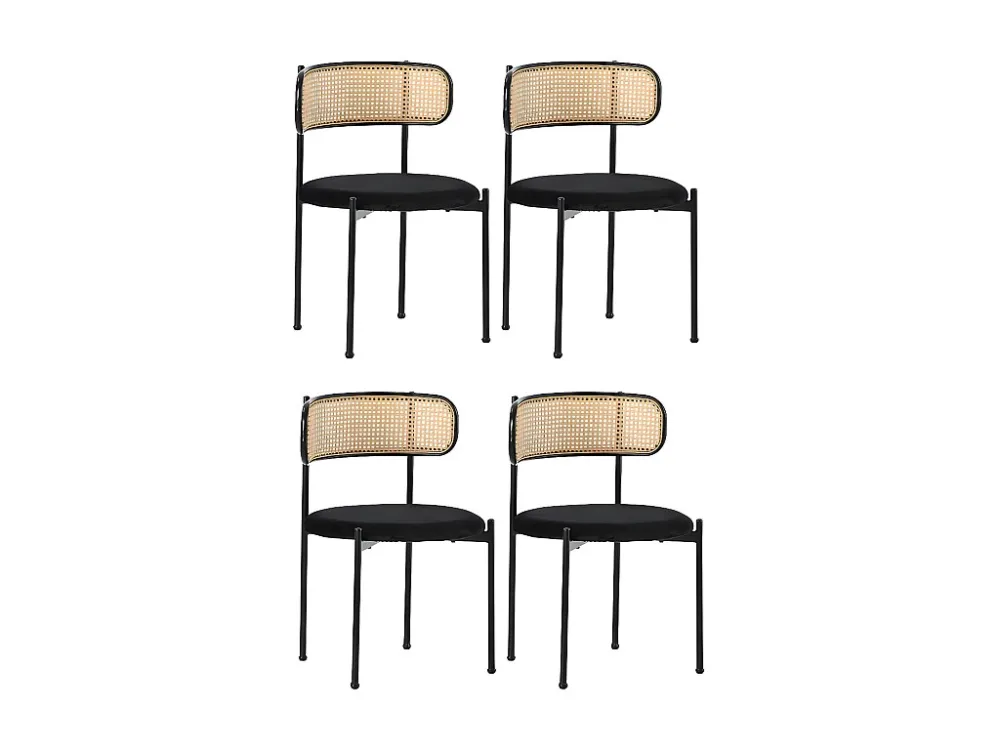 Set van 4 fluwelen en rotan stoelen - metalen poten - Zwart ModernLuxe