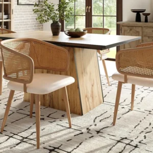 Set van 4 stoelen met rotan rugleuning - beige kunstleren kussens - metalen poten - Bruin ModernLuxe