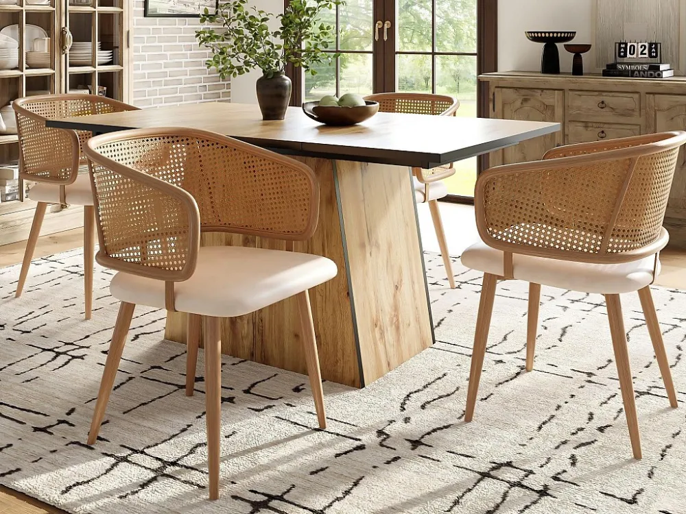 Set van 4 stoelen met rotan rugleuning - beige kunstleren kussens - metalen poten - Bruin ModernLuxe