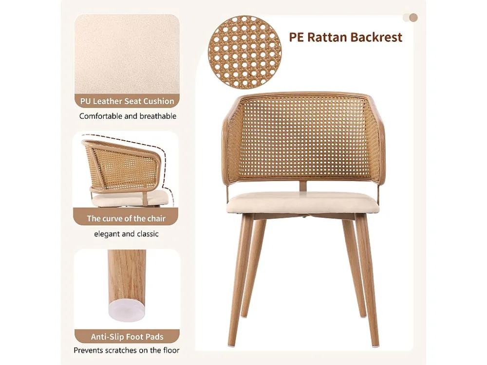 Set van 4 stoelen met rotan rugleuning - beige kunstleren kussens - metalen poten - Bruin ModernLuxe
