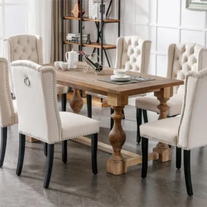 Set van 6 Velvet stoelen met eikenhouten poten - versierd met klinknagels - Beige ModernLuxe