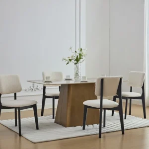 Set van 6 stoelen van boucléstof en heveahout - Zwart en wit - JASMENA
