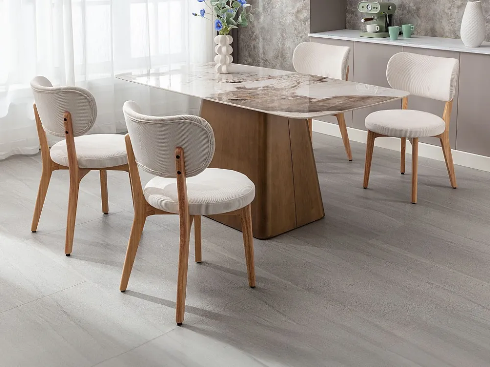 Set van 6 stoelen van ribfluweel en heveahout - Wit - TORIEL