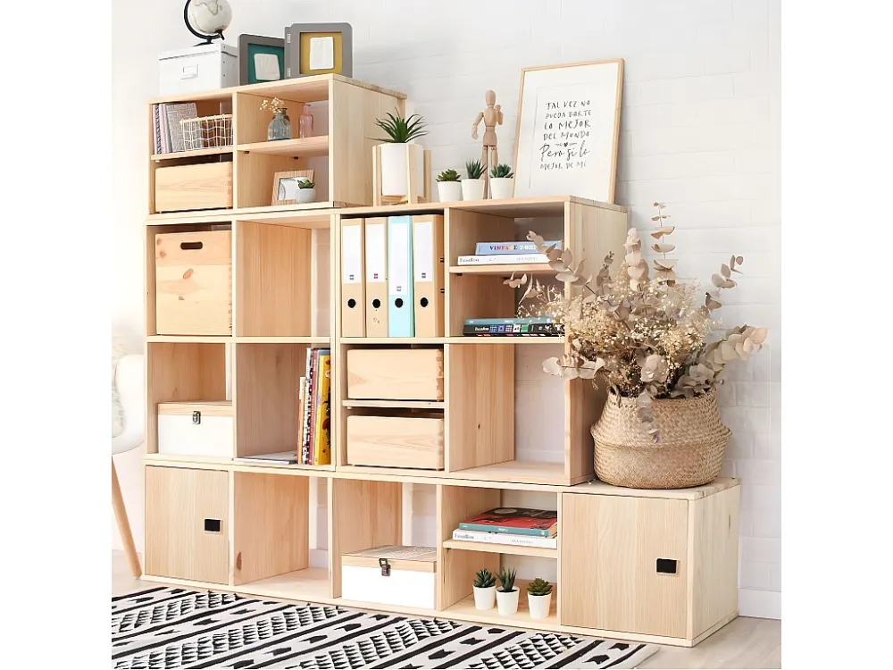 Kubusvormige massief grenen boekenplank met een tussenliggende plank - L36,2 x H36,2 cm Calicosy