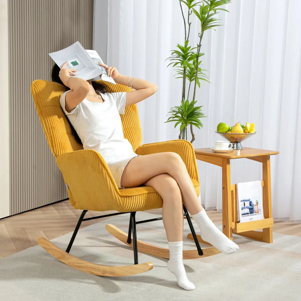Nancy's Aldeia Schommelstoel - Relaxstoel - Loungestoel - Geel - Ribfluweel Aosom