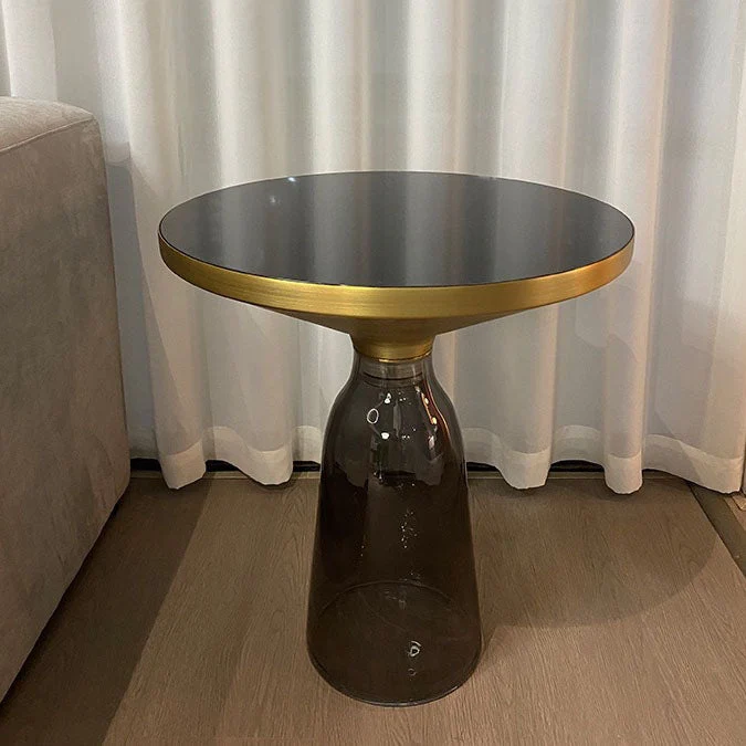 21,26" hoge bijzettafel uit het midden van de eeuw, glazen voetstuk, ronde bank met accent aan de zijkant Clearhalo