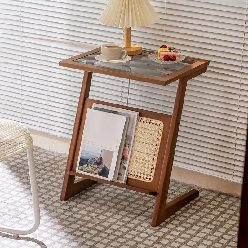 22,8" hoge rechthoekige glazen bijzettafel massief houten abstracte bijzettafel met opbergruimte Clearhalo