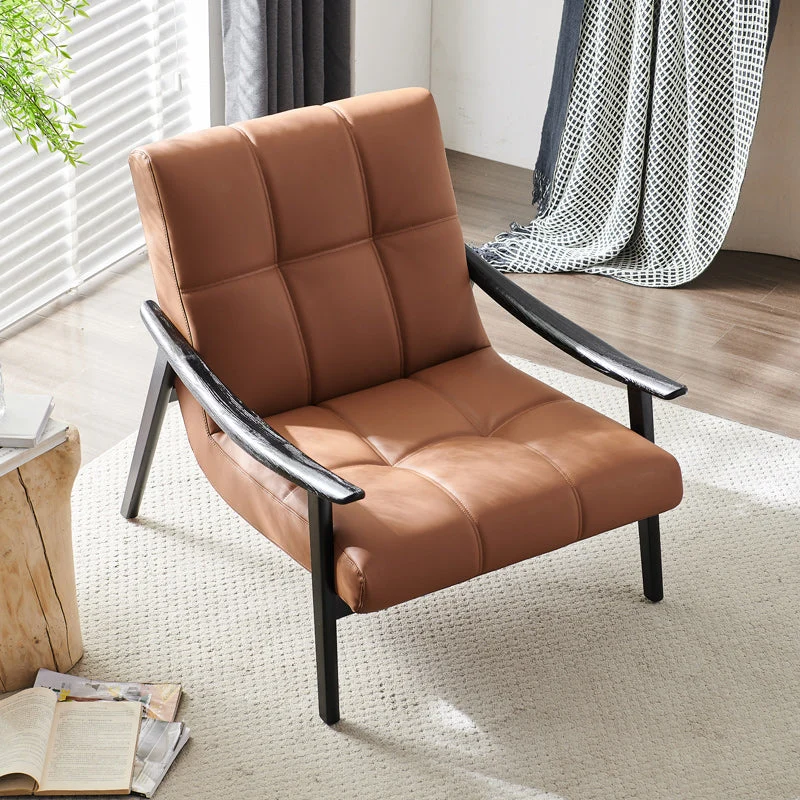 Effen kleur houten lounge stoel echt leer slaapkamer bijzetstoel Clearhalo