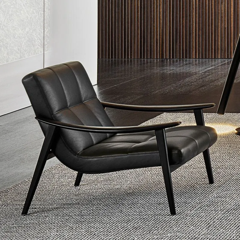 Effen kleur houten lounge stoel echt leer slaapkamer bijzetstoel Clearhalo