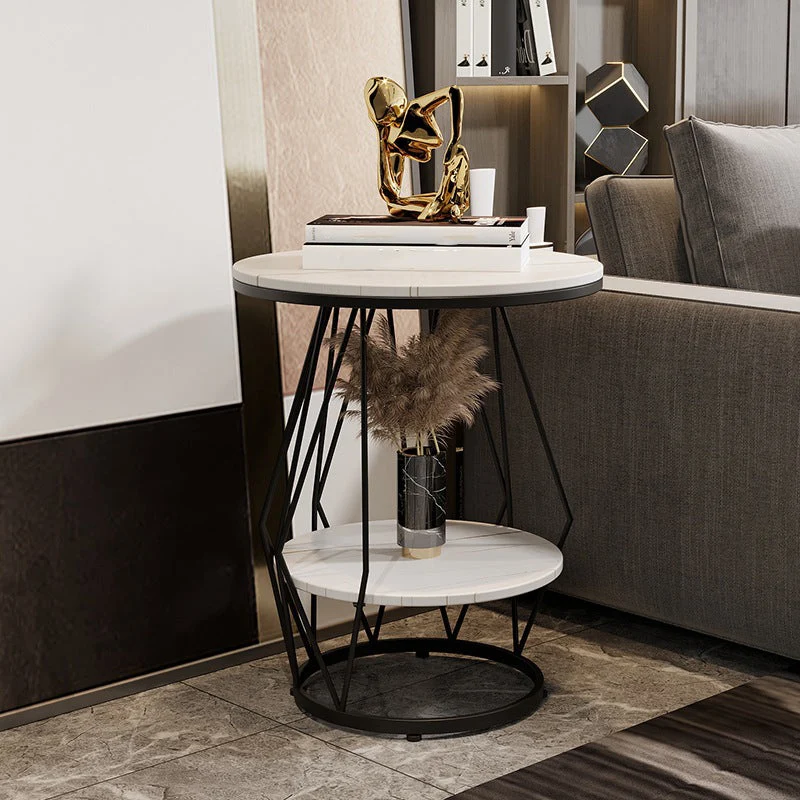 Frame ronde stenen bijzettafel, 50 cm breed x 50 cm diep x 60 cm hoog, bijzettafel met opbergplank Clearhalo