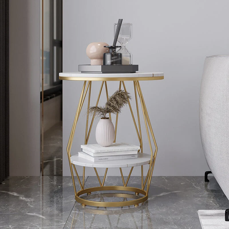 Frame ronde stenen bijzettafel, 50 cm breed x 50 cm diep x 60 cm hoog, bijzettafel met opbergplank Clearhalo