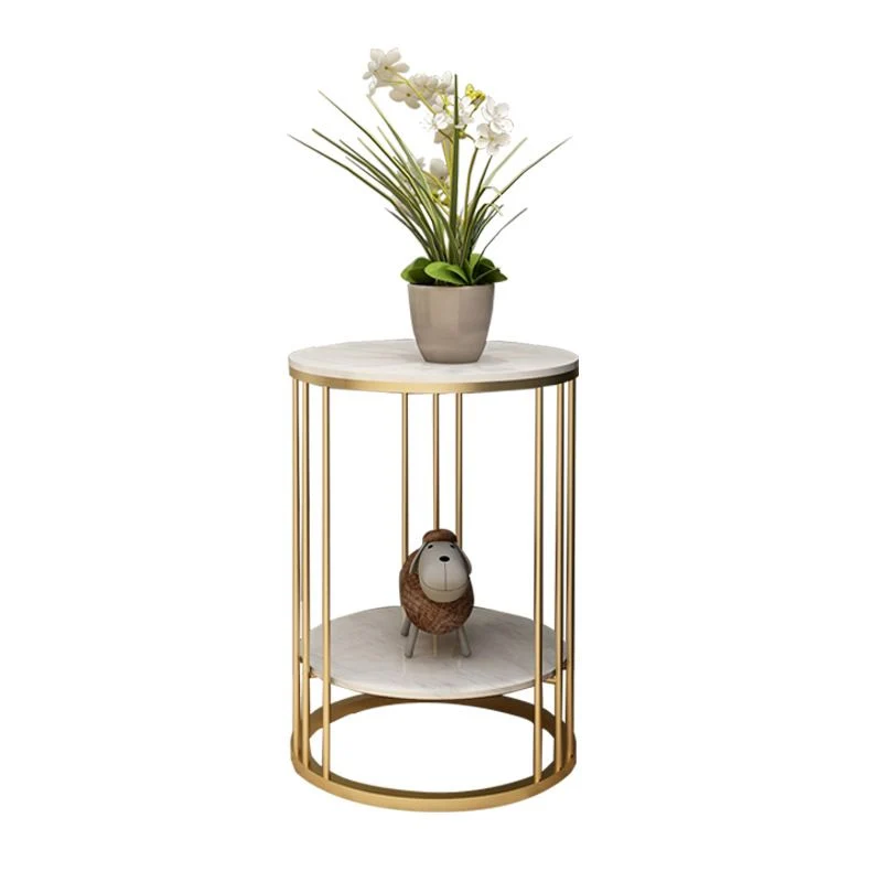Frame-achtig goud/zwart metalen onderstel met stenen blad en ronde bijzettafel Clearhalo