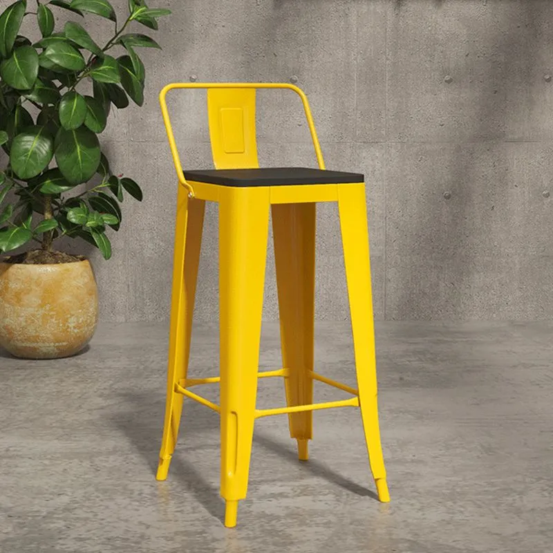 Gele ijzeren houten barkruk industriële stijl lage rugleuning 29,53 inch tegenkruk met vierkante zitting Clearhalo
