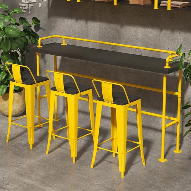Gele ijzeren houten barkruk industriële stijl lage rugleuning 29,53 inch tegenkruk met vierkante zitting Clearhalo