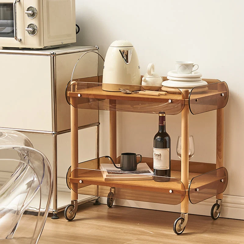 Houten bijzettafel met blad en bijzettafel met wielen brons Clearhalo