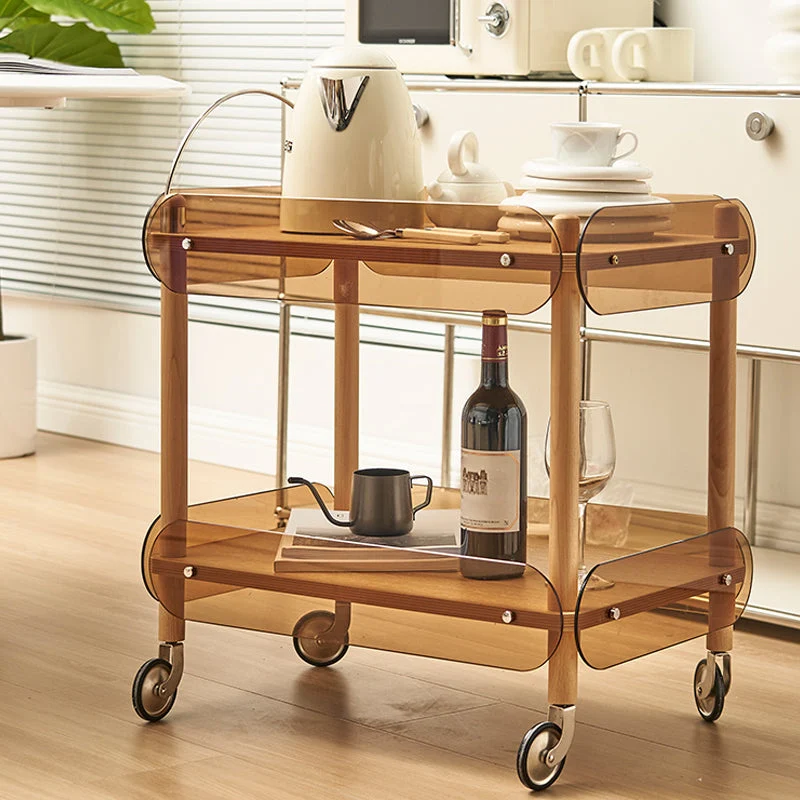 Houten bijzettafel met blad en bijzettafel met wielen brons Clearhalo