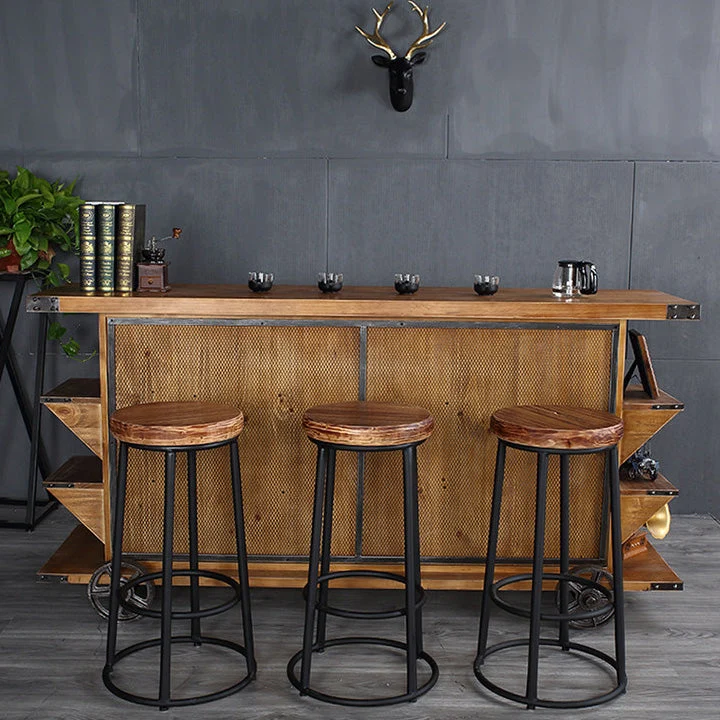 Industriële massief houten bar- en toonbankkruk ronde café-tegenstoel naturel Clearhalo