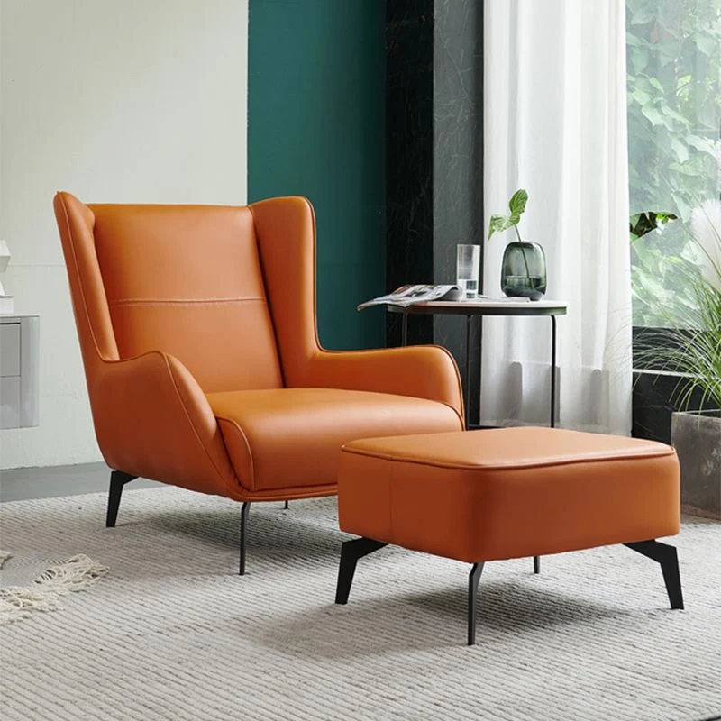 Loungestoel met vaste rugleuning Leren bijzetstoel met zwart metalen poten Clearhalo