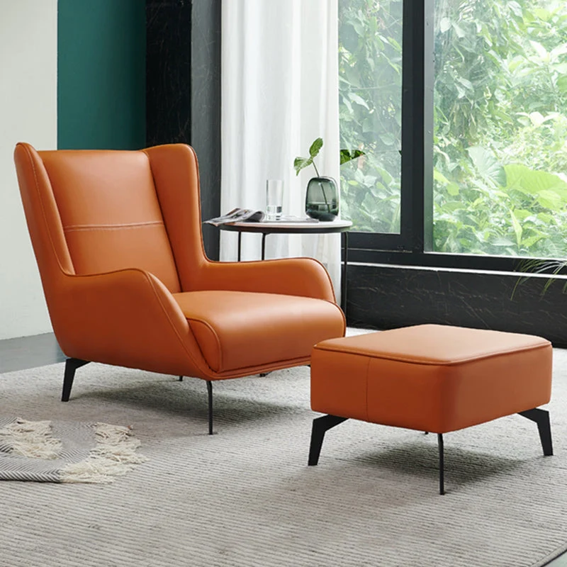 Loungestoel met vaste rugleuning Leren bijzetstoel met zwart metalen poten Clearhalo