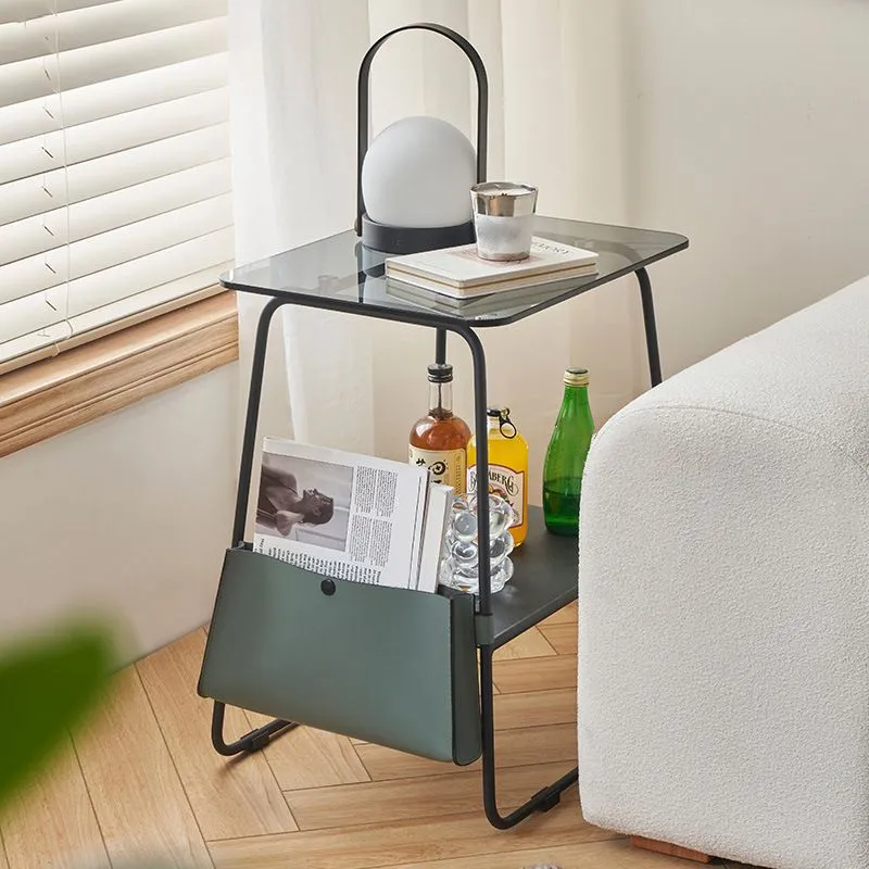 Metalen sledetafel, glazen blad, zijbank, zijaccenttafel met plank Clearhalo