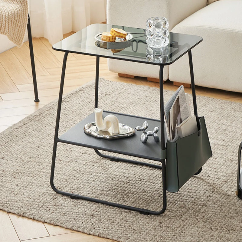Metalen sledetafel, glazen blad, zijbank, zijaccenttafel met plank Clearhalo