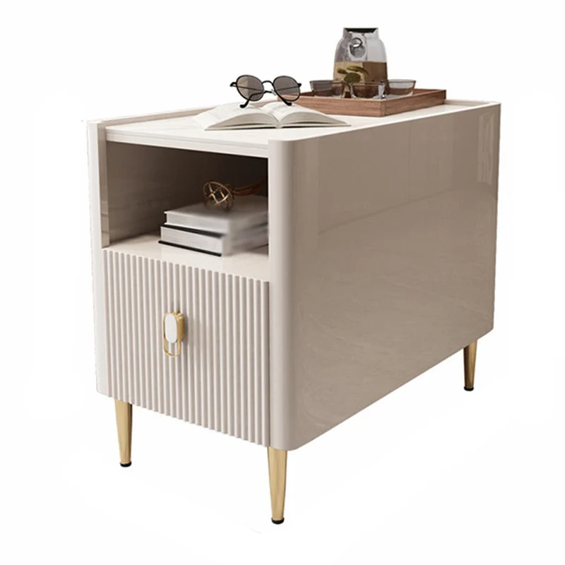 Moderne bijzettafel met stenen blad, 4 poten, bijzettafel met lade en plank Clearhalo