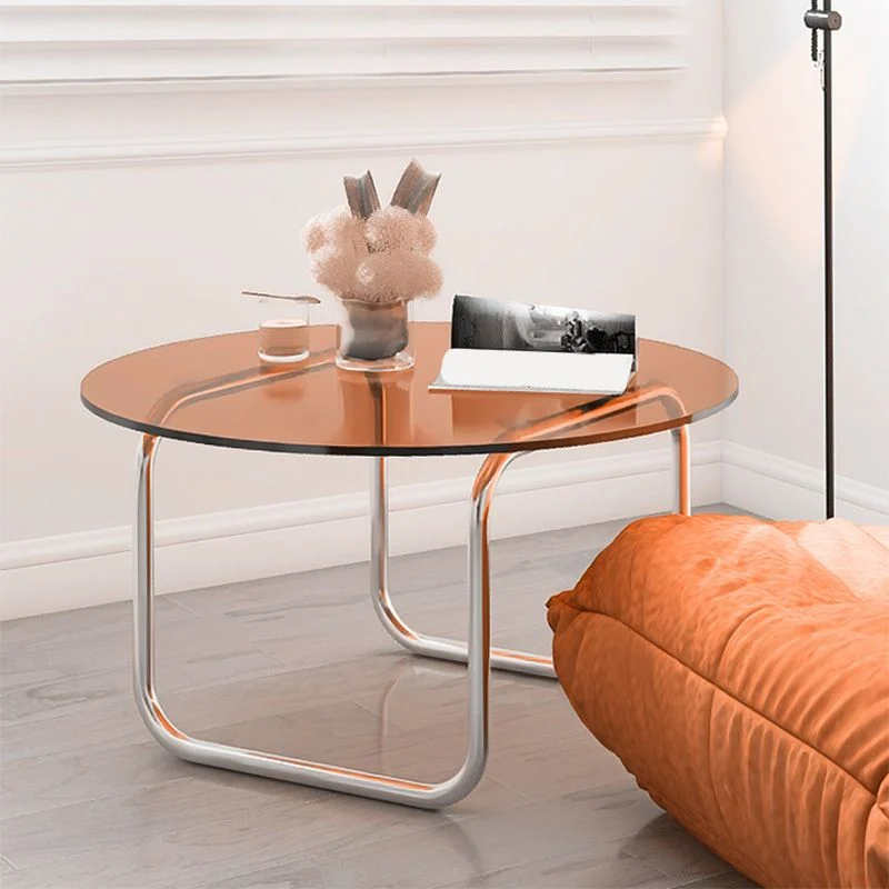 Moderne glazen ronde bijzettafel en 27,5"/31,5" brede metalen sledebijzettafel Clearhalo