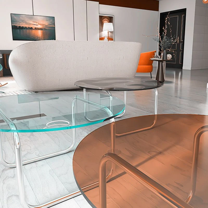 Moderne glazen ronde bijzettafel en 27,5"/31,5" brede metalen sledebijzettafel Clearhalo